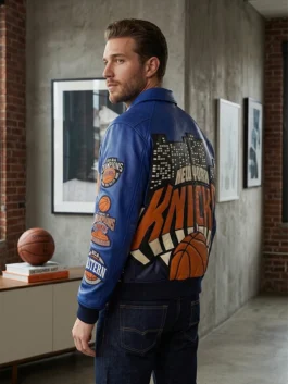 Kith New York Knicks 2026 Champions Leather Jacket featuring a professional zipper closure and luxury black build.