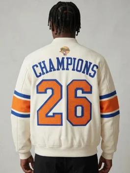 Kith Knicks 2026 Champions Satin Bomber Jacket highlighting professional three pocket storage and luxury fit.