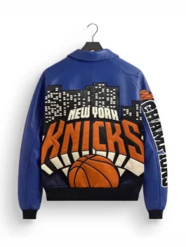 Kith New York Knicks 2026 Champions Leather Jacket back view highlighting professional championship patches.