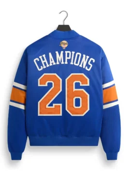 Kith Knicks 2026 Champions Satin Bomber Jacket back view in professional satin fabric with a luxury finish.