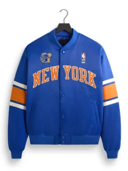 Kith Knicks 2026 Champions Satin Bomber Jacket front view featuring a professional snap tab button closure.