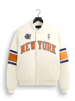 Kith Knicks 2026 Champions Satin Bomber Jacket in high-tier white satin with a luxury casual build finish.