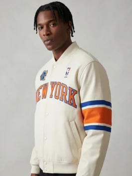 Kith Knicks 2026 Champions Satin Bomber Jacket white edition highlighting professional pocket architecture finish.