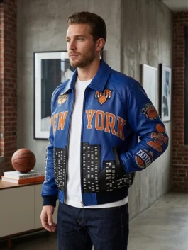 Kith New York Knicks 2026 Champions Leather Jacket in high-tier leather with a luxury shirt style collar finish.