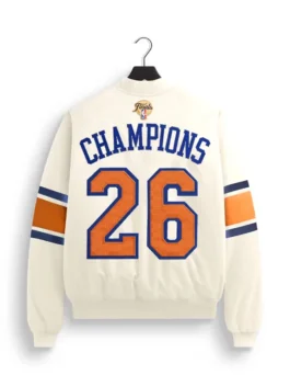 Kith Knicks 2026 Champions Satin Bomber Jacket showcasing professional paneling and luxury full length sleeves.