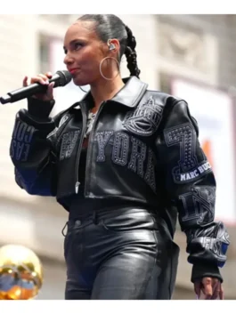 Knicks Victory Parade Alicia Keys Jacket featuring a professional zipper closure and luxury soft viscose lining core.