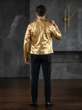 Mens Gold Metallic Biker Leather Jacket Back View