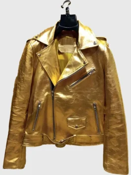 Mens Gold Metallic Biker Leather Jacket View Look