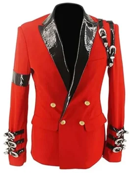Front view of the red Michael Jackson Award Ceremony Red Blazer putting the full King of Pop award ceremony style on bold display