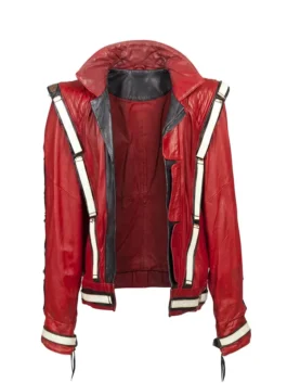 Front view of the red Michael Jackson Bad Tour Thriller Jacket putting the full King of Pop Bad Tour iconic design on bold display