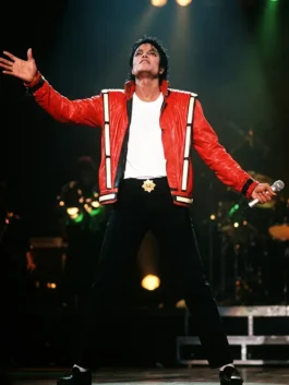 Red with black and white accents Michael Jackson Bad Tour Thriller Jacket celebrating the King of Pop's legendary Bad Tour era