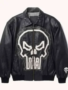 Front view of the black Michael Jackson The Punisher Jacket putting the bold Punisher inspired Michael Jackson design on full display