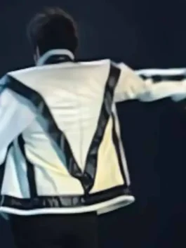 Back view of the white Michael Jackson Thriller White Leather Jacket revealing the full design of this legendary King of Pop piece