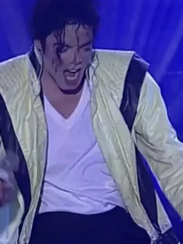 Front view of the white Michael Jackson Thriller White Leather Jacket putting the full iconic Thriller era design on bold display