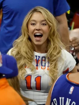 NBA Finals Sydney Sweeney Knicks Jersey in professional white polyester with a luxury round neck collar finish.