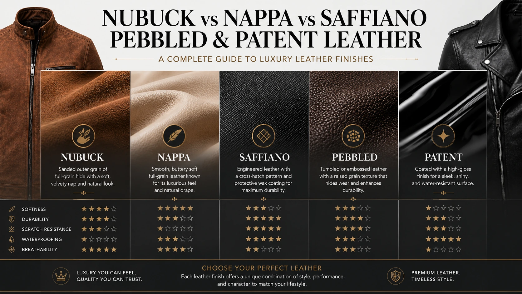 Luxury leather finishes comparison infographic featuring Nubuck, Nappa, Saffiano, Pebbled, and Patent leather textures with softness, durability, waterproofing, and scratch resistance ratings.