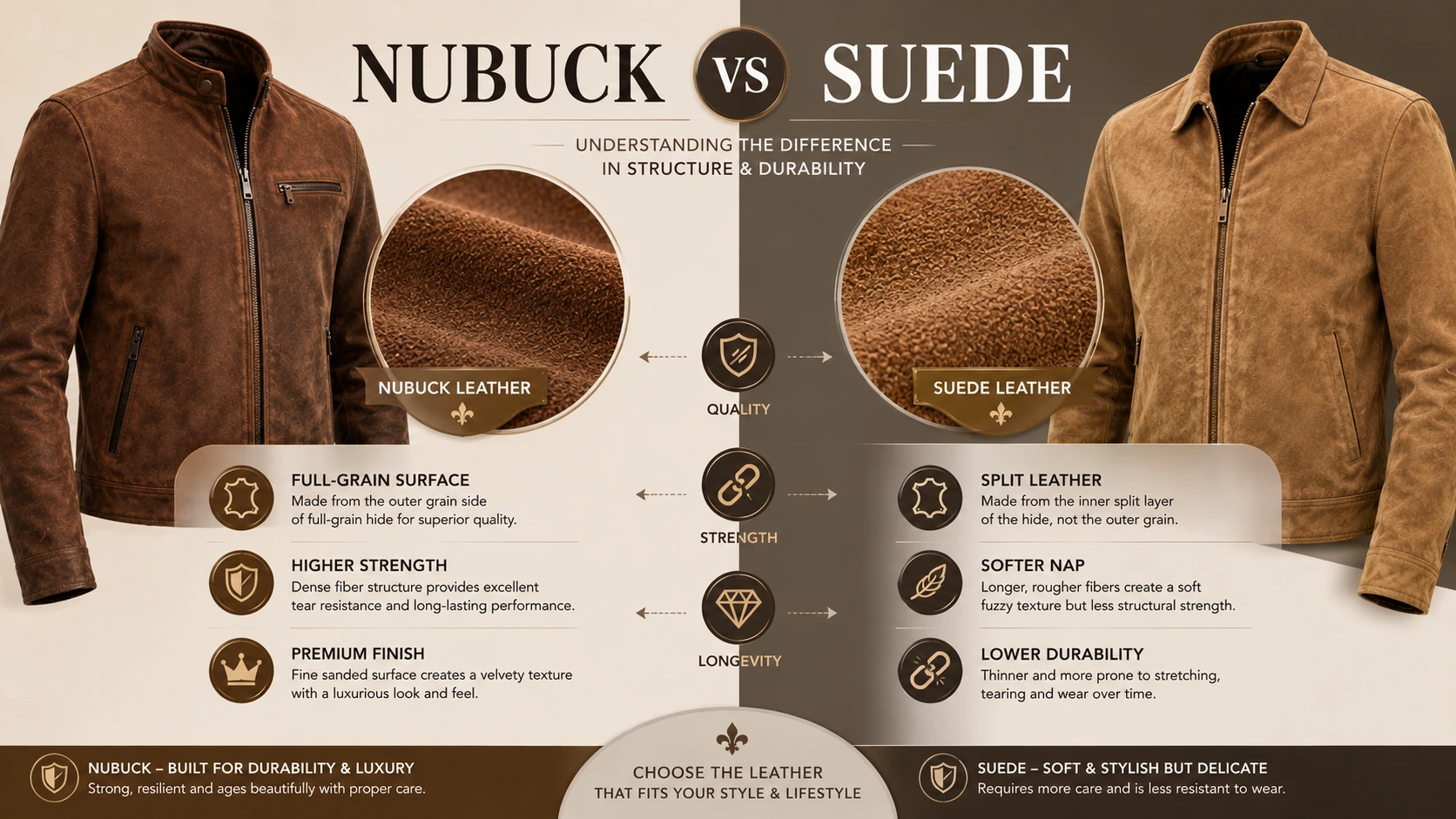 Nubuck vs suede leather comparison infographic showing differences in full-grain construction, texture, strength, durability, and premium finish characteristics.