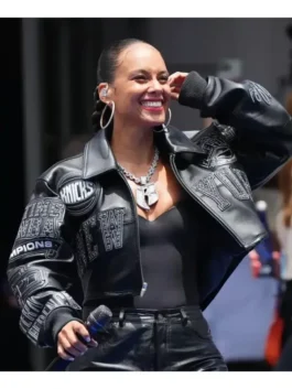 Knicks Victory Parade Alicia Keys Jacket in professional real leather with a luxury shirt style collar finish.