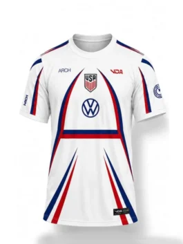 Nike X VAA USA Pre Match Jersey front view highlighting professional athletic typography and luxury sports build.