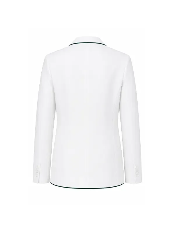Back view of the white Novak Djokovic Wimbledon White Blazer revealing the full tailored design of this iconic Wimbledon piece