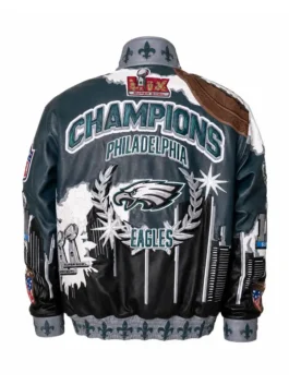 Philadelphia Eagles Champions Leather Jacket back view highlighting professional embroidery and luxury snap tab cuffs.