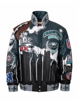 Philadelphia Eagles Champions Leather Jacket front view in professional real leather with a luxury stand up collar.