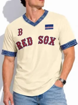 Red Sox Cabo Verde 2026 Celebration Jersey front profiling featuring professional team script and luxury pullover style.