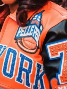 Remy Ma Knicks Cropped Leather Jacket showcasing professional team graphics and luxury shirt style collar.