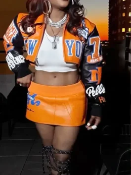 Remy Ma Knicks Cropped Leather Jacket featuring a professional zipper closure and luxury soft viscose lining.