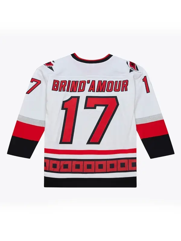 Back view of the white Rod Brind'Amour Carolina Hurricanes 2006 White Jersey showing the full jersey design from the Stanley Cup era