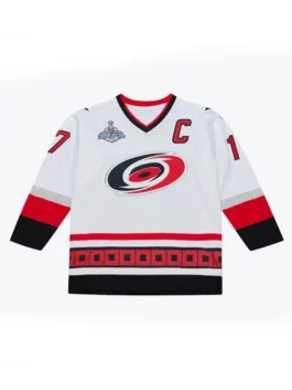 Front view of the white Rod Brind'Amour Carolina Hurricanes 2006 White Jersey celebrating the Hurricanes 2006 Stanley Cup run