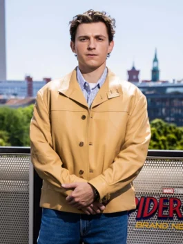 Spiderman Berlin Photocall Tom Holland Jacket showcasing professional clean hemline and luxury vintage texturing.