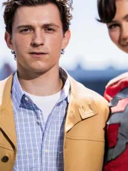 Spiderman Berlin Photocall Tom Holland Jacket in professional tan real leather with a luxury lapel style collar finish.