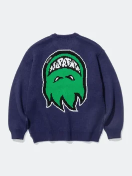 Spitfire x Supreme Sweater front view in a professional navy blue layout with luxury athletic graphics.