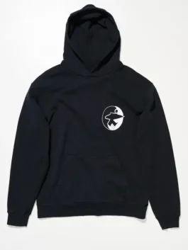 Stussy x OL Surfman Black Hood front view in professional black fleece with a luxury hooded collar finish.