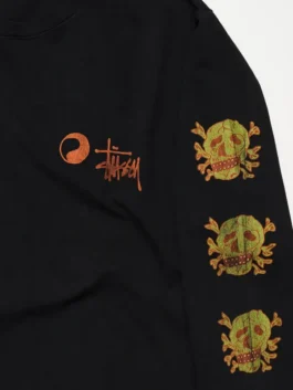 Stussy x OL Skull Long Sleeve Tee in professional black fleece fabric with a luxury round neck collar finish.