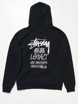 Stussy x OL Surfman Black Hood back view showcasing professional skate tailoring and luxury full sleeves.