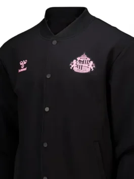 Sunderland x Elvis Hummel Matchday Varsity Jacket front view in professional black polyester with a luxury rib knitted collar.