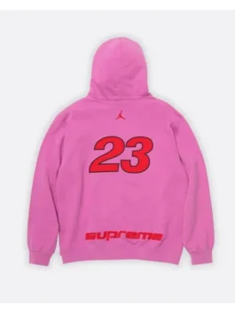 Supreme x Jordan Zip Up Hooded Sweatshirt back view highlighting professional co-branded graphics and luxury elastic trims.