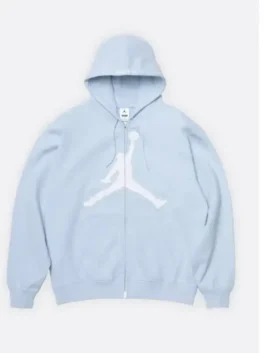 Supreme x Jordan Zip Up Hooded Sweatshirt in professional blue fleece featuring a luxury split kangaroo pocket.