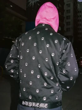 Supreme x Spitfire Work Jacket back view showcasing professional skate embroidery and luxury full length sleeves.