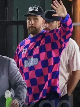 Travis Kelce LA Orpheum Theater Shirt in professional blue and pink polyester with a luxury rib knitted collar.
