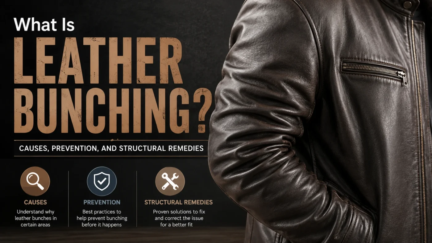 Premium brown leather jacket showing severe bunching, wrinkles, and puckering before restoration compared with a smooth restored leather jacket in a luxury infographic banner.