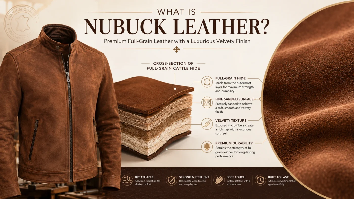 What is Nubuck leather infographic showing a premium brown Nubuck leather jacket, full-grain hide structure, fine sanded surface, velvety texture, and durability characteristics.