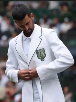 White Novak Djokovic Wimbledon White Blazer from the 2026 Wimbledon tournament as worn by Novak Djokovic in iconic Lacoste style