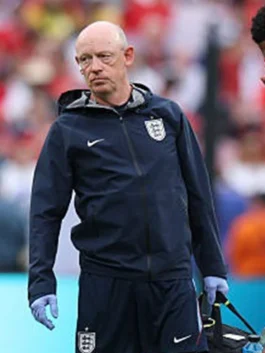 Front view of the navy blue World Cup 2026 England Jacket putting the full England Three Lions World Cup identity on bold display