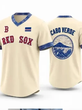 Red Sox Cabo Verde 2026 Celebration Jersey in professional cream polyester with a luxury V neck collar.