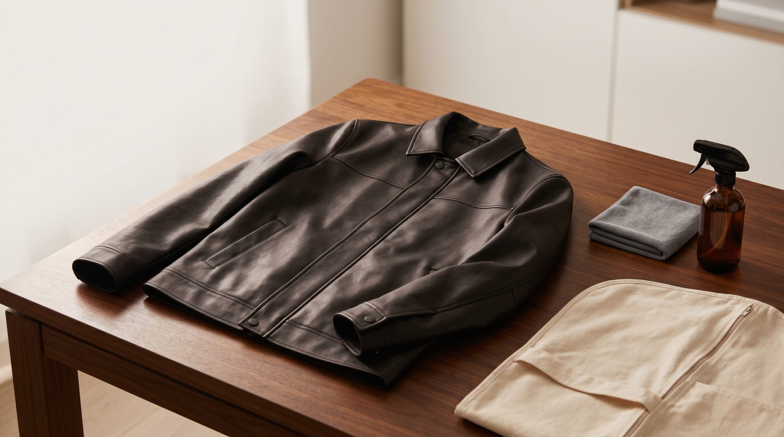 Bonded leather jacket care setup with microfiber cloth and water spray