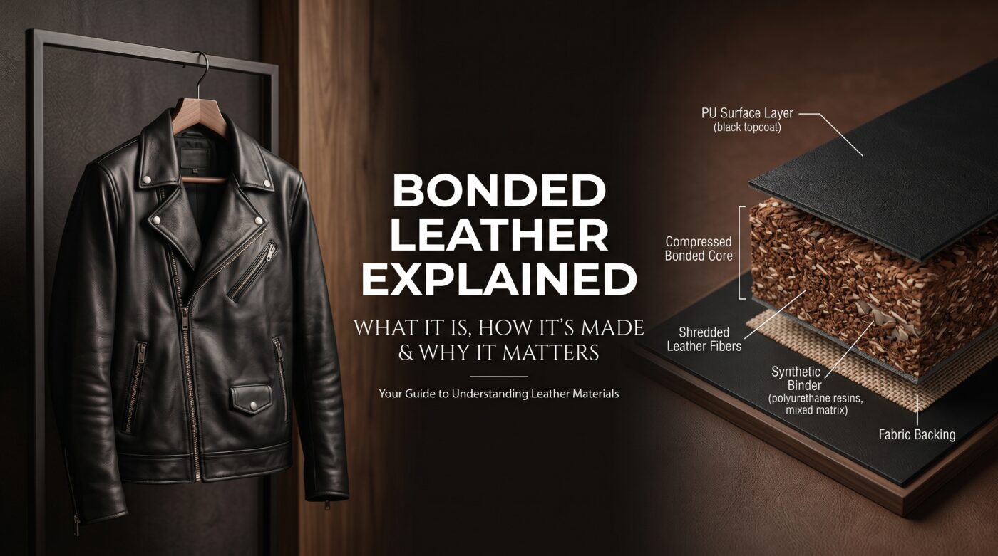 Bonded leather jacket material layers with shredded fibers and PU surface