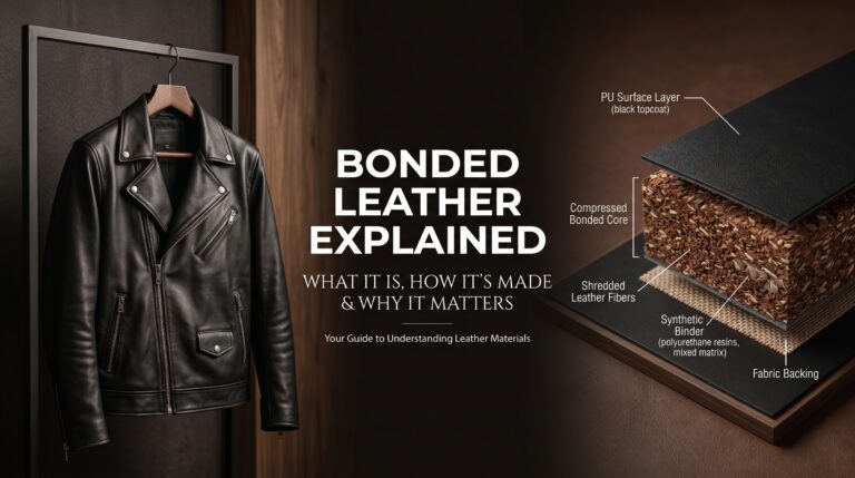 Bonded leather jacket material layers with shredded fibers and PU surface